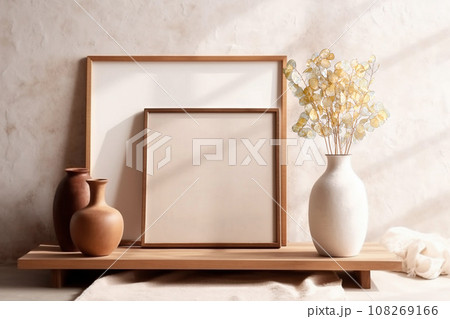 Frame and poster mock up in living room with clay vase and dried flowers. Scandinavian interior. 108269166
