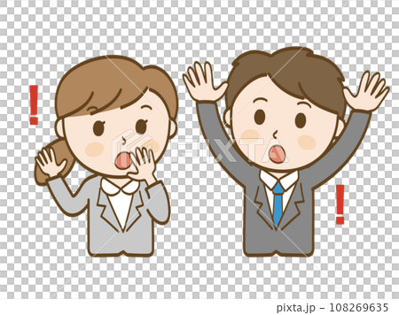 驚いて口を覆う女性会社員とびっくりしてバンザイする男性会社員_スーツ姿のビジネスマン 驚いて口を覆う女性会社員とびっくりしてバンザイする男性会社員_スーツ姿のビジネスマン 108269635
