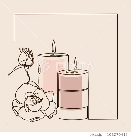 Continuous one line drawing of wax candles with flowers. Minimalist black linear sketch isolated on light background. Holiday card. Continuous one line drawing of wax candles with flowers. Minimalist black linear sketch isolated on light background. Holiday card. 108270412