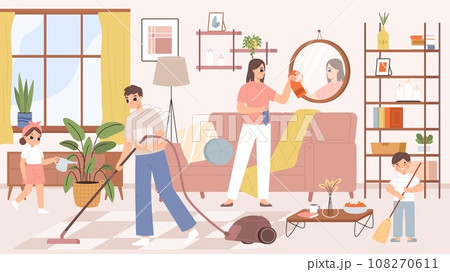Cartoon happy family clean home, parents and children cleaning living room. Adults and kids doing seasonal housework together, snugly vector scene 108270611
