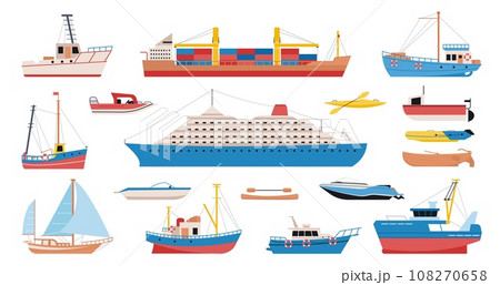 Ships and boats cartoon design. Yachts, cargo and sea ship. Cruise ocean liner, nautical transportation and adventures decent vector elements 108270658