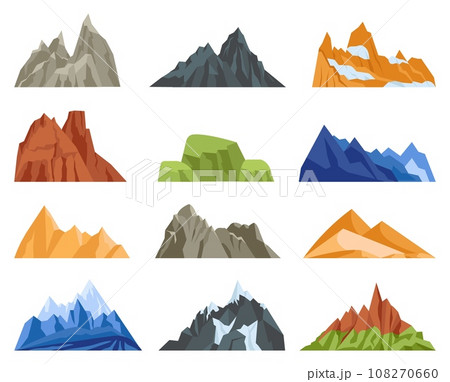 Various mountain peaks and hills, rock and volcano. Isolated flat nature landscape elements. Camping adventures, travel in mountains decent vector clipart 108270660
