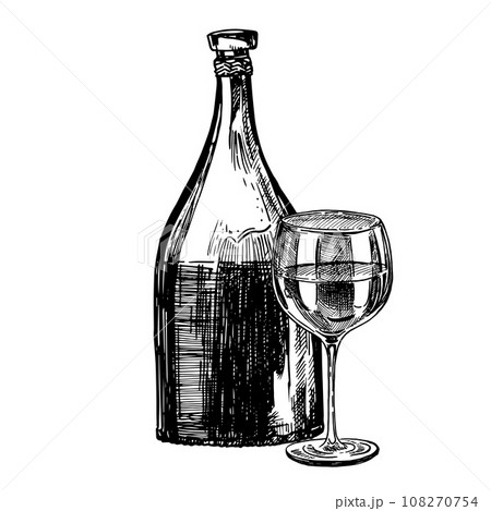 Hand drawn sketch of a bottle of whine with a glass of wine on a white background. Bottle of red, white, pink wine. Bottle of wine for a picnic 108270754