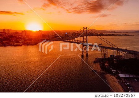 Cable bridge with sunset in Florianopolis, Brazil. Aerial view 108270867