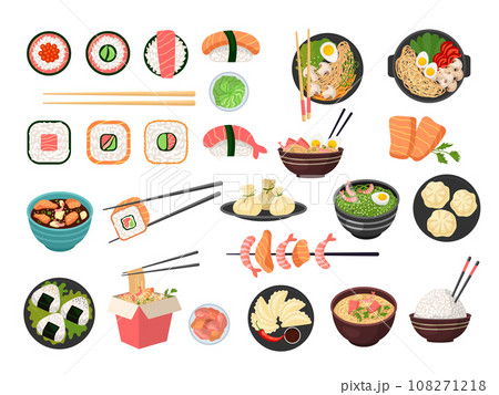 Asian food. Authentic ingredients for preparing asian products noodles fish sauce wok recent vector pictures in cartoon style 108271218