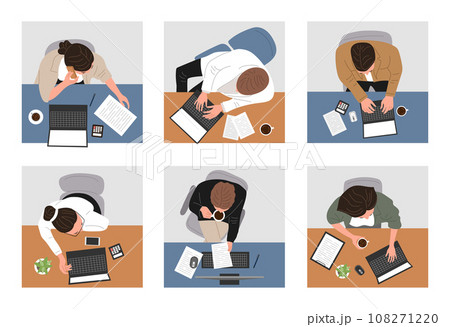 People top view. Managers office business characters sitting at table recent vector people at workplace People top view. Managers office business characters sitting at table recent vector people at workplace 108271220