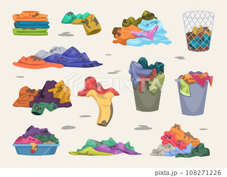 Messy clothes. Dirty wardrobe items in different piles exact vector illustrations set 108271226