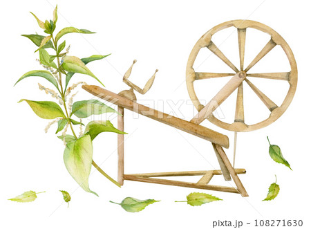 Hand drawn watercolor spinning wheel with nettle leaves on stalk. Natural plant. Botanical illustration isolated object composition on white background. For shop logo print, website, card, booklet. 108271630