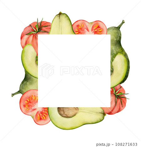 Hand drawn watercolor green avocado, tomato vegetable diet healthy lifestyle, vegan cooking. Illustration square border frame isolated on white background. Design poster, print, website, card, menu 108271633