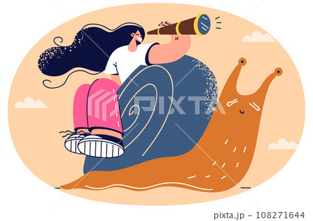 Happy woman sitting on snail fail in race Happy woman sitting on snail fail in race 108271644