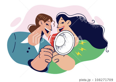 Women shout into megaphone to announce important event or encourage people to participate in sale 108271709