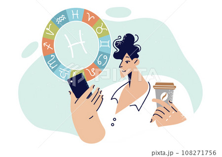 Man reads horoscope on mobile phone and holds cup coffee in hands standing near zodiac sign pisces Man reads horoscope on mobile phone and holds cup coffee in hands standing near zodiac sign pisces 108271756