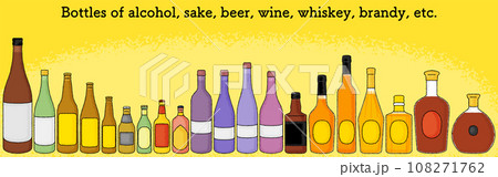 アナログタッチのお酒の瓶セット、日本酒の一升瓶と瓶ビールやワインやウィスキーボトル 108271762