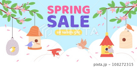 Seasonal sale banner with birdhouses and flat birds. Hello spring flyer design, discount in store poster. Wooden birdhouse racy vector background Seasonal sale banner with birdhouses and flat birds. Hello spring flyer design, discount in store poster. Wooden birdhouse racy vector background 108272315