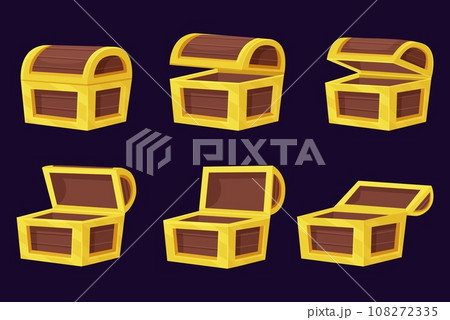 Cartoon wooden chest animation. Lid close and open, start and finish action. Box for treasure, pirate or adventures game nowaday vector element Cartoon wooden chest animation. Lid close and open, start and finish action. Box for treasure, pirate or adventures game nowaday vector element 108272335