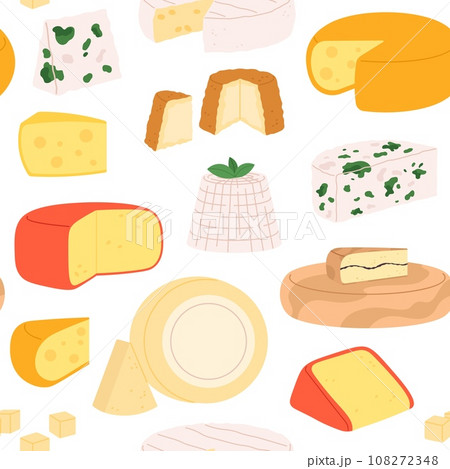 Cheese seamless pattern. Cheeses chunks, gouda, maasdam and dot blue, mozzarella and parmesan. Delicious curds, fresh products racy vector background 108272348