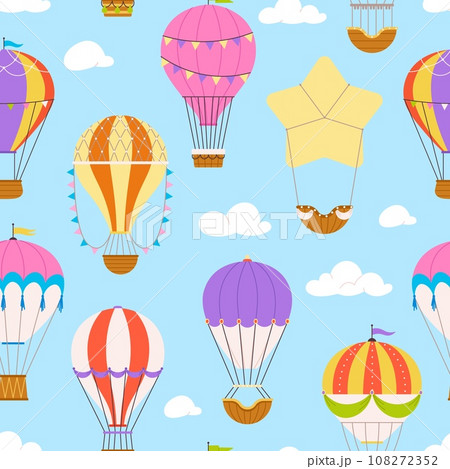 Flying balloons seamless pattern. Hot air balloon cartoon icons flying in sky. Fashion adventures and travel background and fabric print, racy vector texture Flying balloons seamless pattern. Hot air balloon cartoon icons flying in sky. Fashion adventures and travel background and fabric print, racy vector texture 108272352