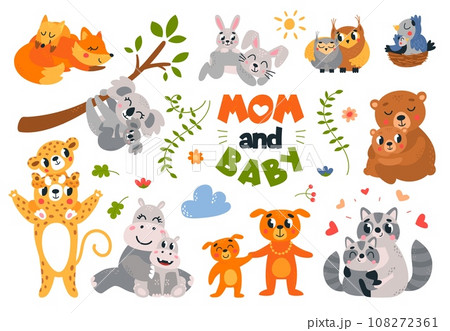 Mother and cubs animals. Cartoon baby animal hugging moms. Koala, hippo and bears, funny raccoon and birds in nest classy vector characters 108272361