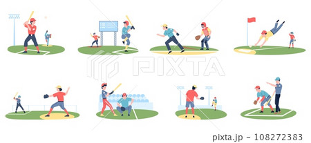 Baseball play scenes. Catcher and pitcher in american sport, young athletes hitting and catching balls. Cartoon sporting competition recent vector clipart 108272383