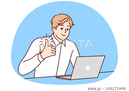 Smiling businessman work on laptop show thumb up Smiling businessman work on laptop show thumb up 108272446