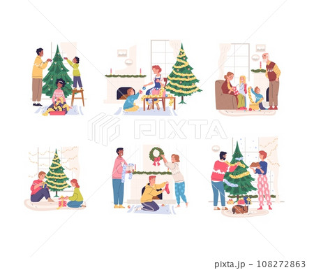 People christmas preparation. Happy family decorate tree, guy girl children preparing home new year party, couple friends gift celebrate winter holiday, classy vector illustration People christmas preparation. Happy family decorate tree, guy girl children preparing home new year party, couple friends gift celebrate winter holiday, classy vector illustration 108272863