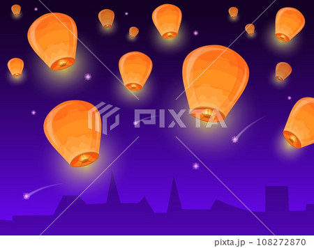 Sky paper lanterns. Flying light bright lantern in night heaven, floating lamps balloon thailand autumn traditional festival taiwan chinese holiday party, neat vector illustration Sky paper lanterns. Flying light bright lantern in night heaven, floating lamps balloon thailand autumn traditional festival taiwan chinese holiday party, neat vector illustration 108272870