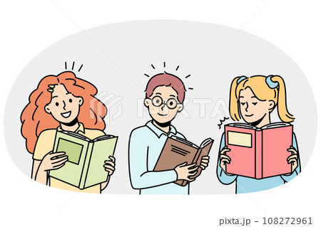 Portraits of curious children loving to read paper books. 108272961