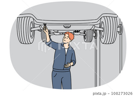 Automobile mechanic working under lifted car. 108273026