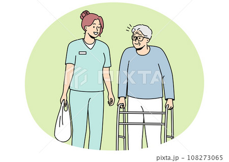 Health care worker helps elderly disabled person with walking frame. 108273065