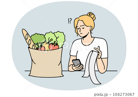 Girl checks purchase bill, surprised by high prices. 108273067