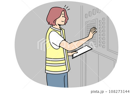 Girl in uniform adjusts industrial equipment on control panel. 108273144