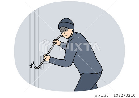 Robber in dark clothing force lock of building door. 108273210