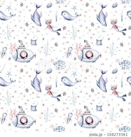 Seamless watercolor nautical pattern with lighthouse boats, ships, vessels on white background, octopus and dolphin perfect for kids wrappers, nursery wallpapers, postcards, greetings Seamless watercolor nautical pattern with lighthouse boats, ships, vessels on white background, octopus and dolphin perfect for kids wrappers, nursery wallpapers, postcards, greetings 108273361