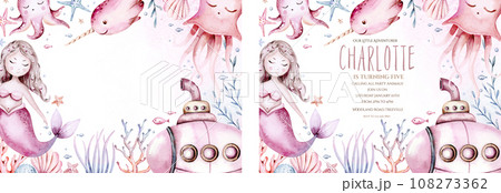 Underwater baby shower templates. Blue watercolor submarine ocean fish, turtle, whale and coral. Shell aquarium background. Nautical snorkeling, diving dolphin marine illustration, jellyfish, starfish 108273362