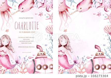 Underwater baby shower templates. Blue watercolor submarine ocean fish, turtle, whale and coral. Shell aquarium background. Nautical snorkeling, diving dolphin marine illustration, jellyfish, starfish 108273364