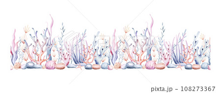 seamless border of sea cartoon animals. Blue watercolor ocean fish, turtle, whale and coral. Shell aquarium dolphin, crab octopus Nautical marine illustration, jellyfish, starfish seamless border of sea cartoon animals. Blue watercolor ocean fish, turtle, whale and coral. Shell aquarium dolphin, crab octopus Nautical marine illustration, jellyfish, starfish 108273367