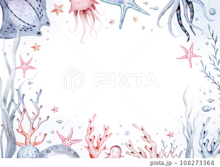 Underwater baby shower templates. Blue watercolor submarine ocean fish, turtle, whale and coral. Shell aquarium background. Nautical snorkeling, diving dolphin marine illustration, jellyfish, starfish 108273368