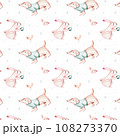 Watercolor Merry Christmas seamless pattern with snowman, christmas tree , snowman, holiday cute animals bunny rabbit, rabbit and baby deer . Christmas celebration cards. Winter new year 108273370