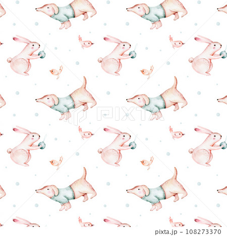 Watercolor Merry Christmas seamless pattern with snowman, christmas tree , snowman, holiday cute animals bunny rabbit, rabbit and baby deer . Christmas celebration cards. Winter new year 108273370