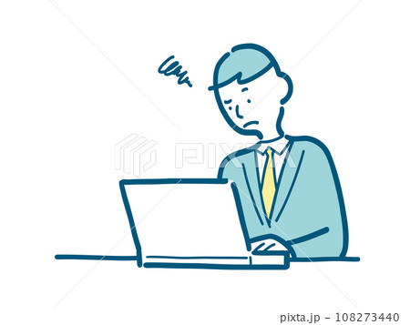 パソコンの前で困っているスーツ姿の若い男性のイラスト パソコンの前で困っているスーツ姿の若い男性のイラスト 108273440