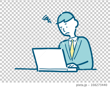 Illustration of a young man in a suit having trouble in front of a computer Illustration of a young man in a suit having trouble in front of a computer 108273440