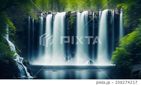 緑の森の中の幾筋もの白い線が見える幅の広い滝の風景　AI生成画像 108274217