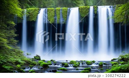 緑の森の中の幾筋もの白い線が見える後ろに空間がある幅の広い滝の風景　AI生成画像 108274222