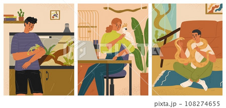 People exotic pet owners at home vector scene set People exotic pet owners at home vector scene set 108274655