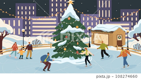 Happy people characters enjoying skating at Christmas ice rink Happy people characters enjoying skating at Christmas ice rink 108274660