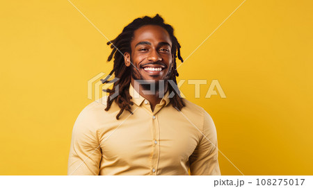 Portrait of an smiling African man with dark and perfect skin and long hair, on a yellow background. Portrait of an smiling African man with dark and perfect skin and long hair, on a yellow background. 108275017