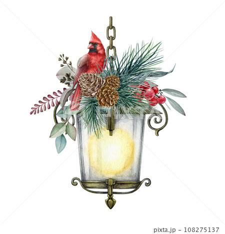 Winter festive cozy decoration. Red cardinal bird on a vintage style lamp winter decor. Watercolor painted illustration. Cardinal bird, vintage lamp, pine, eucalyptus branch, berries decor element 108275137
