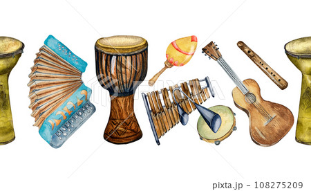 Watercolor drawn musical instruments isolated on white background. Seamless border for a music project. Hand drawn accordion, guitar, drums, and banjo. Xylophone painted. Design element for print 108275209