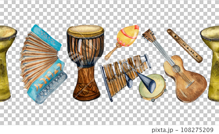 Watercolor drawn musical instruments isolated on white background. Seamless border for a music project. Hand drawn accordion, guitar, drums, and banjo. Xylophone painted. Design element for print 108275209