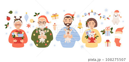Collection Christmas elderly and young people. Happy couple grandparents, man and woman with puppy, garland and New Year gifts, boxes and balls. Vector illustration. Isolated holiday elements decor. Collection Christmas elderly and young people. Happy couple grandparents, man and woman with puppy, garland and New Year gifts, boxes and balls. Vector illustration. Isolated holiday elements decor. 108275507